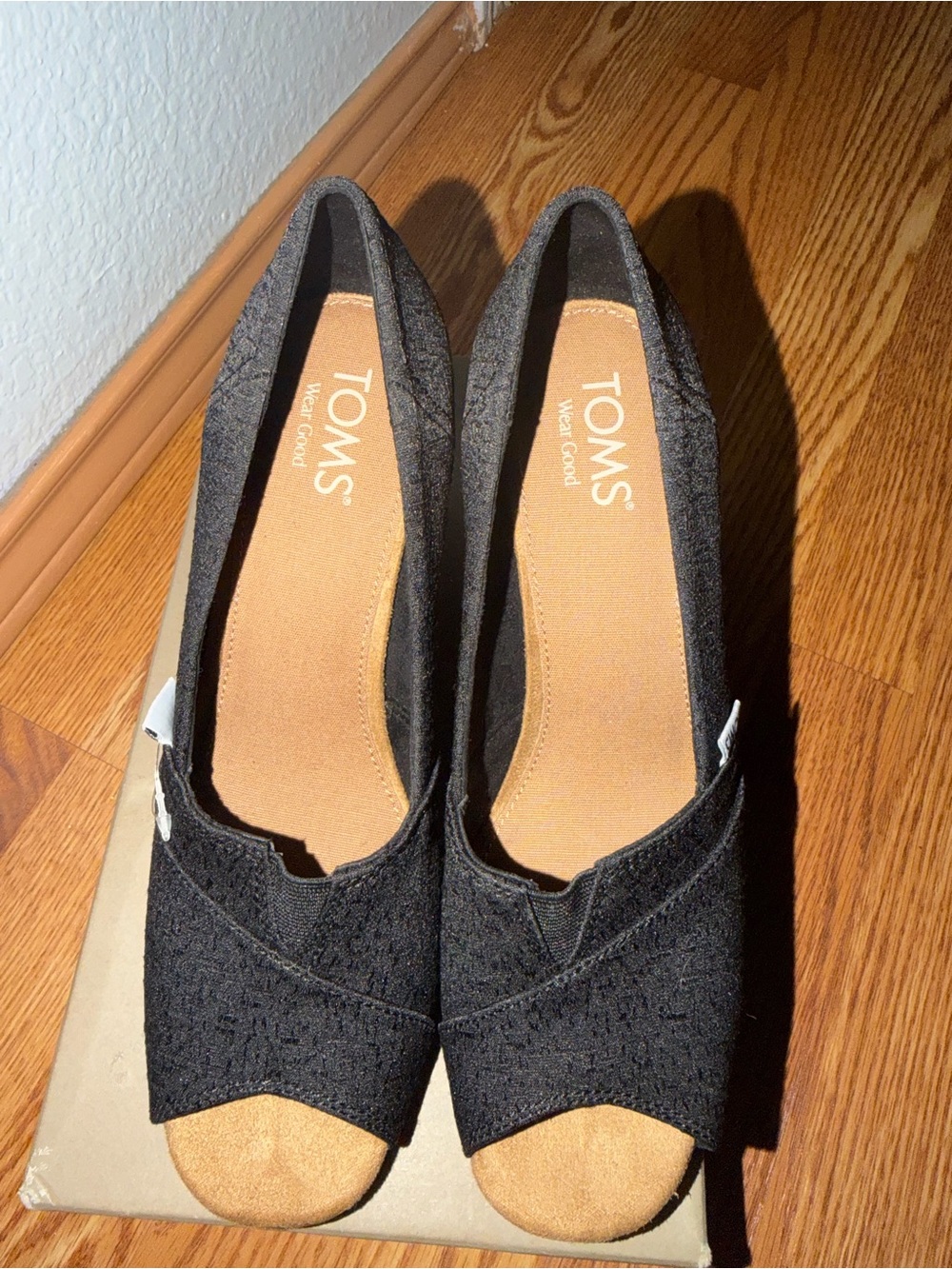 TOMS Black Cork Wedge Peep-Toe Shoes